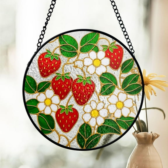 Strawberry Flower Stained Glass Suncatcher, Vibrant Window Decor, Cottagecore Garden Theme, Gift for Mom Grandma, Kitchen Accent 1895925377