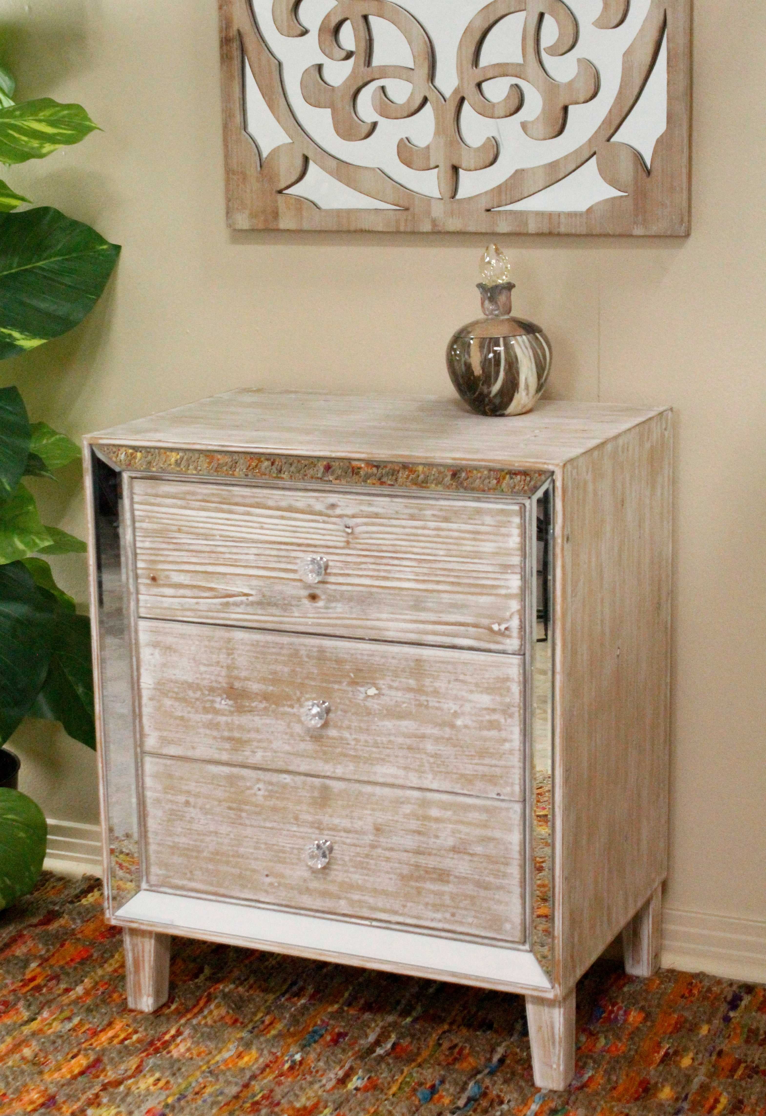 34' White Washed Accent with 3 Drawers and with Antiqued Mirror
