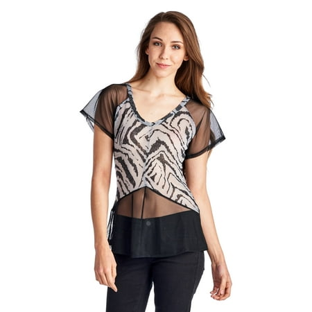 - Urban Love Women's Animal Print Burnout Mesh V-Neck Top - Black - Small