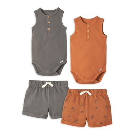 

Modern Moments by Gerber Baby Boy Ribbed Henley Bodysuits and Shorts Outfit Sets 4-Piece 0/3 -24 Months