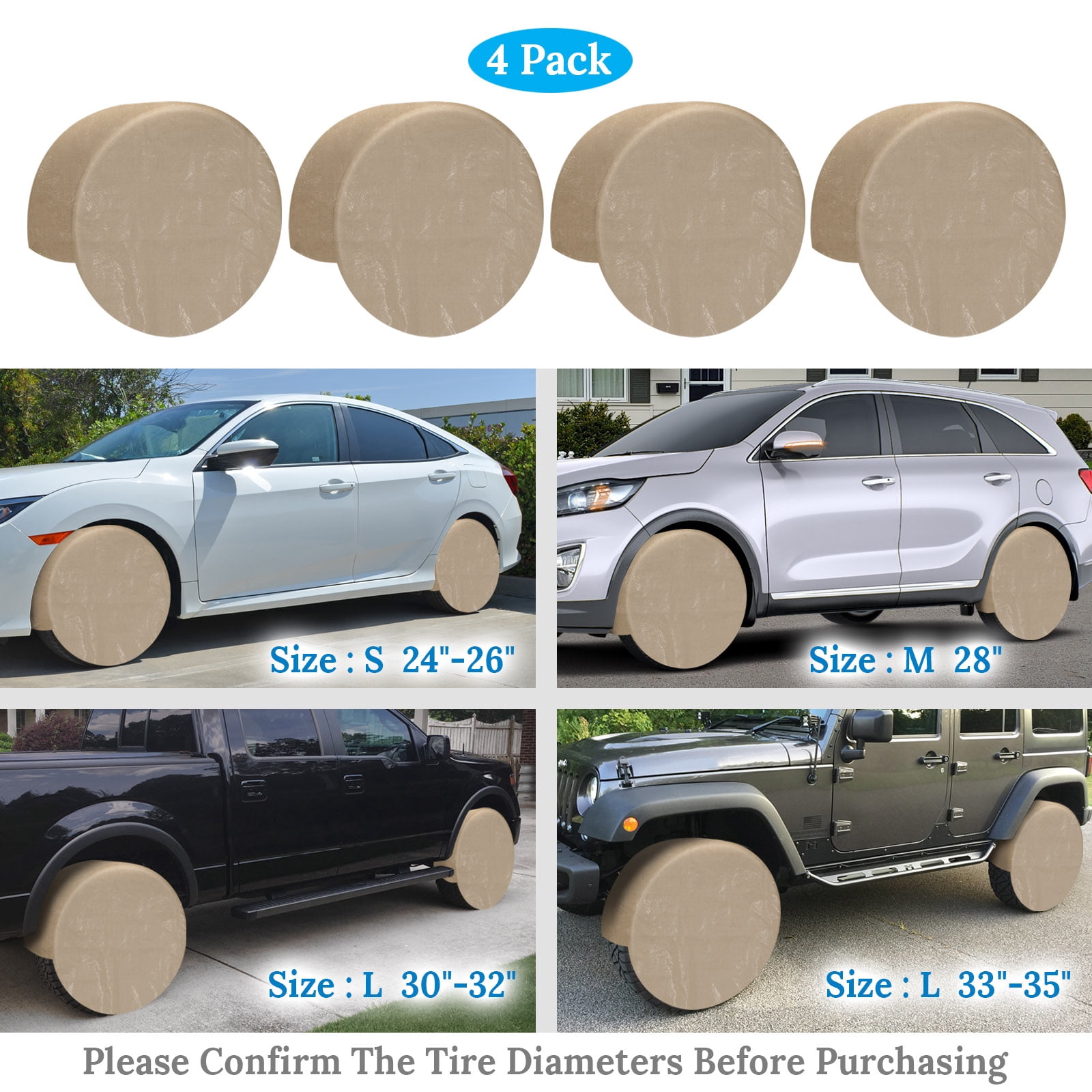 Sunrise 4pcs Wheel Tire Covers Waterproof Sun Tire Protector for Auto Truck Car Camper Trailer Boat, Taupe (24''-26'')