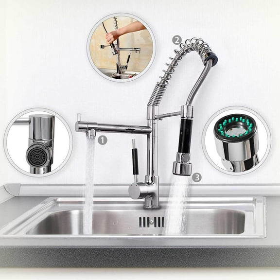 Juno Chrome Finish Kitchen Sink Faucet Pull-out Swivel Spout Hand Sprayer with Hot & Cold Water Mixer