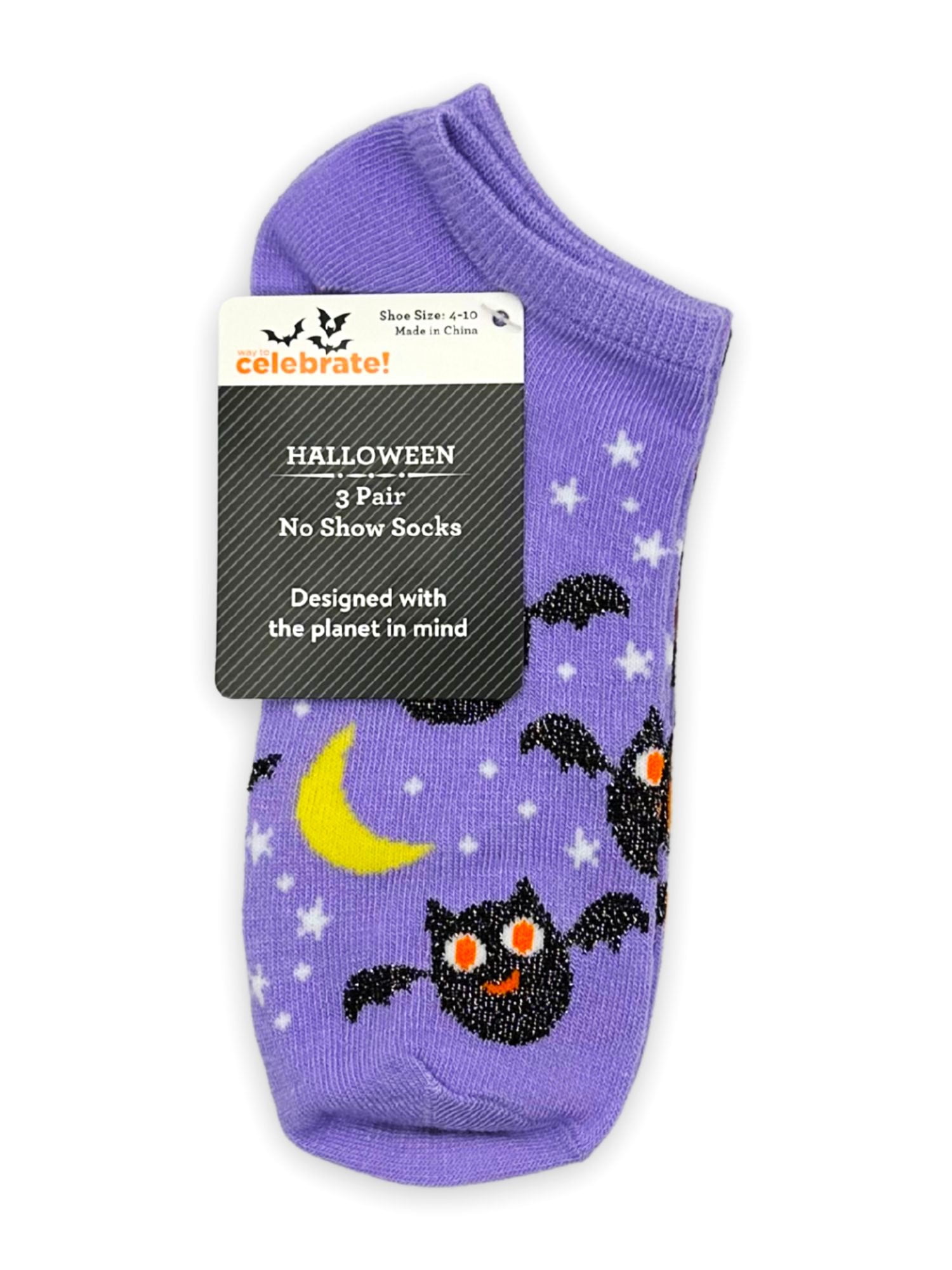 Way To Celebrate! Women's Halloween Bats No-Show Socks, 3-Pack, Size 4-10