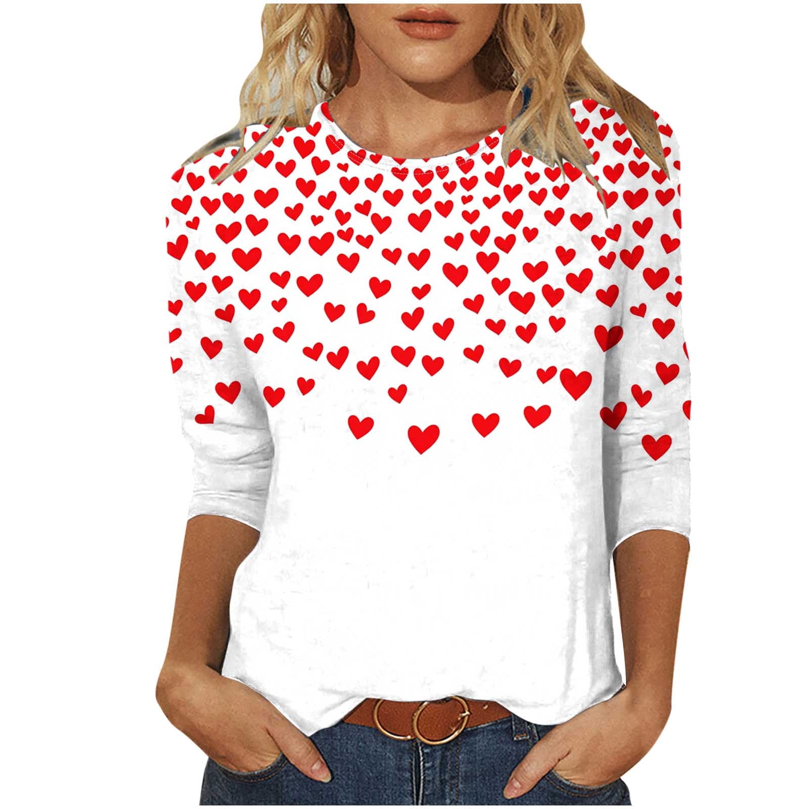 New Arrivals Women's Round Neck 3/4 Sleeve T-Shirt with Valentine Heart Print Tops Spring Fashion My Items