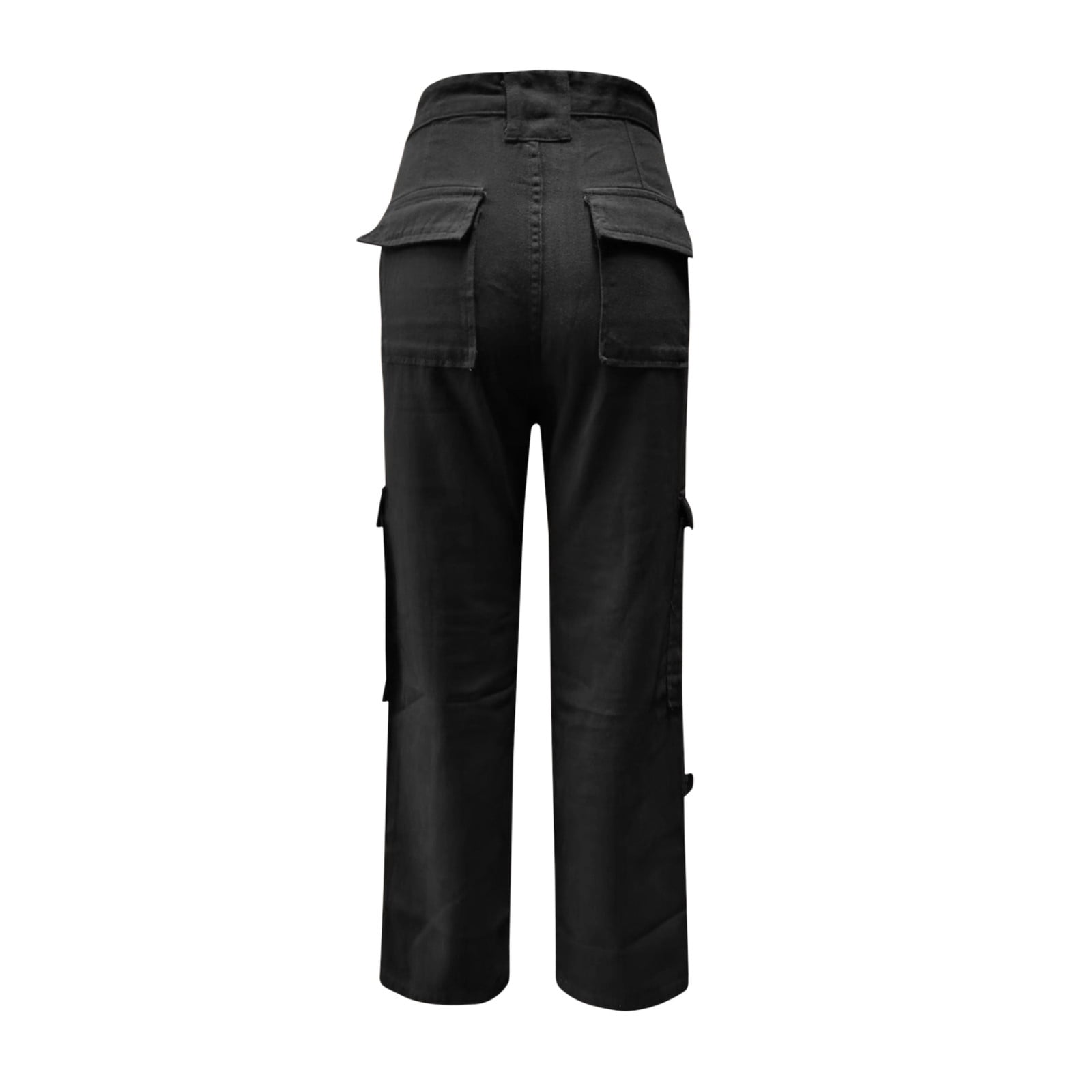 Women Casual High Waisted Cargo Pants Wide Leg Casual Denim Trousers Multi Pocket Cargo Jeans Black XXL