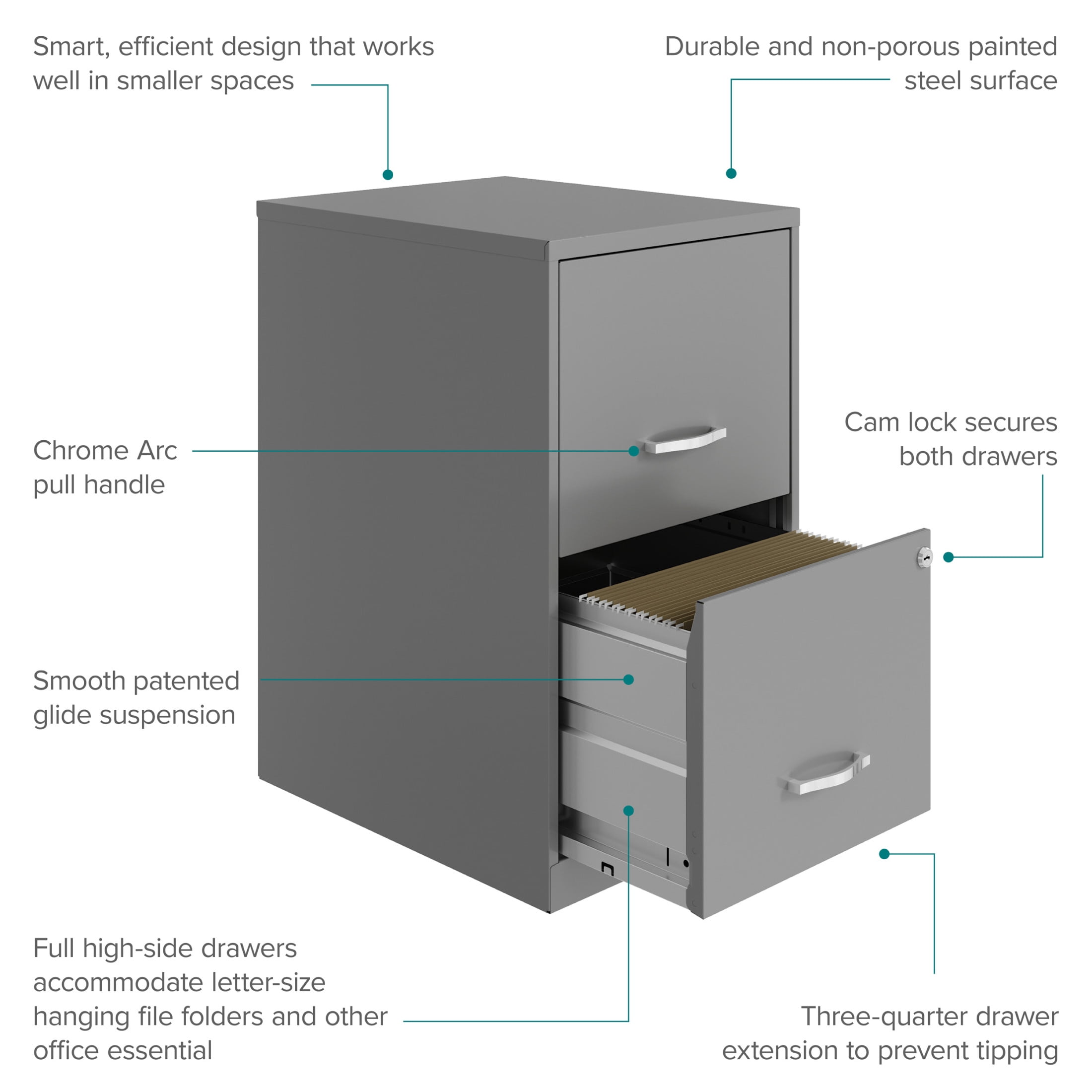 Space Solutions 18" Deep 2 Drawer Letter Width Vertical File Cabinet, Silver
