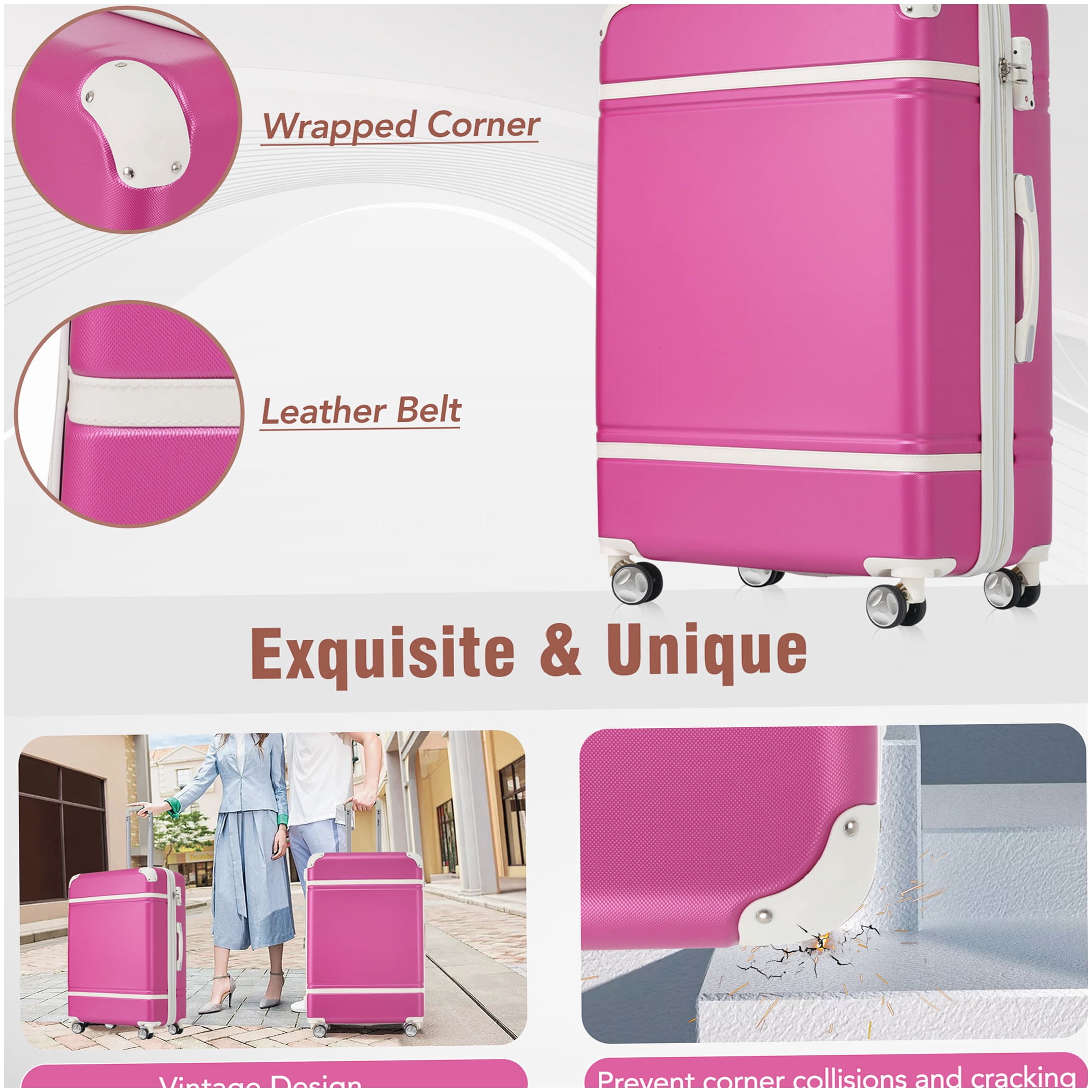 MANGIJOY Lightweight ABS Hardshell Suitcase Set 4PC, Pink Spinner Luggage with TSA Lock, Expandable Checked Bag and Carry On