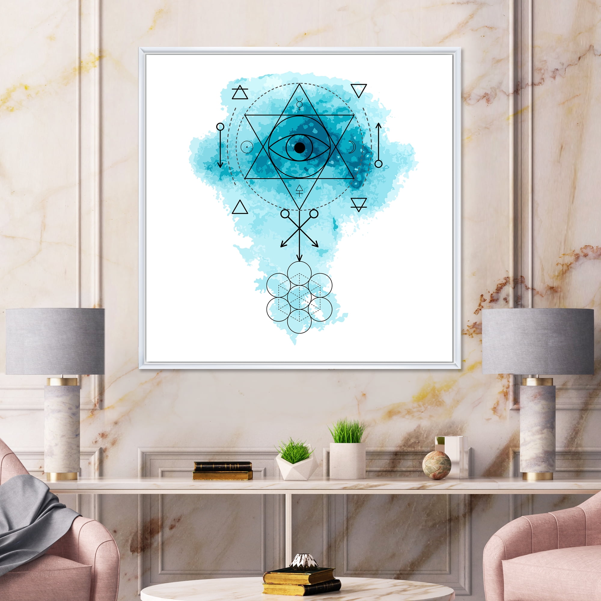 Designart 'Sacred Geometry and Symbol of Alchemy II' Bohemian & Eclectic Framed Canvas Wall Art Print