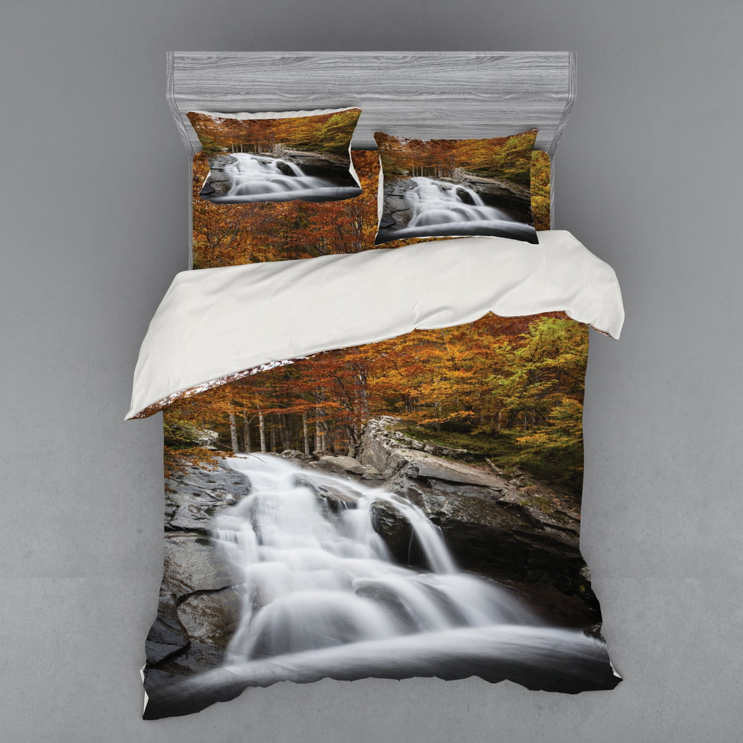 Waterfall Duvet Cover Set, Water Falls to the Lake Through Rocks