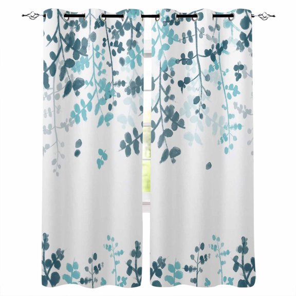 Teal Blue Leaves Blackout Curtains for Bedroom - 84 Inch Long Light Blocking 2 Panels Set, Summer Botanical Thermal Insulated Living Room Drapes Grommet Window Curtains 52"x84"