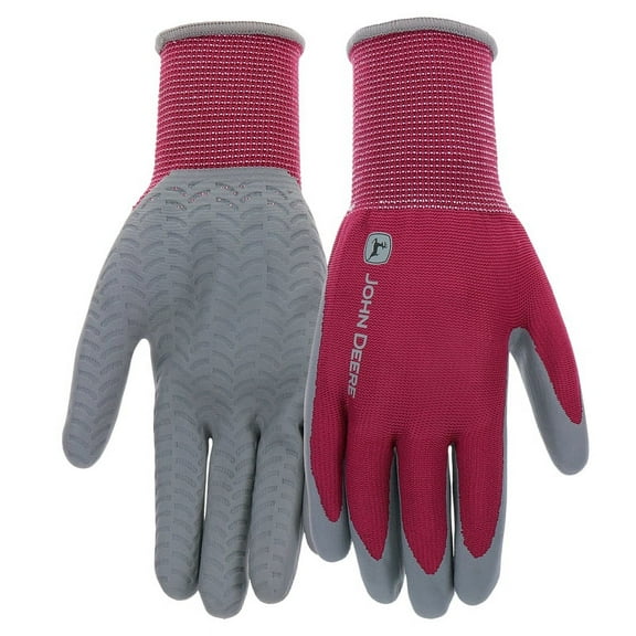 John Deere JD37216-WML Gloves, Women's, M/L, 3.82 in L, Knit Wrist, Seamless Cuff, Nitrile Coating, Gray/Maroon