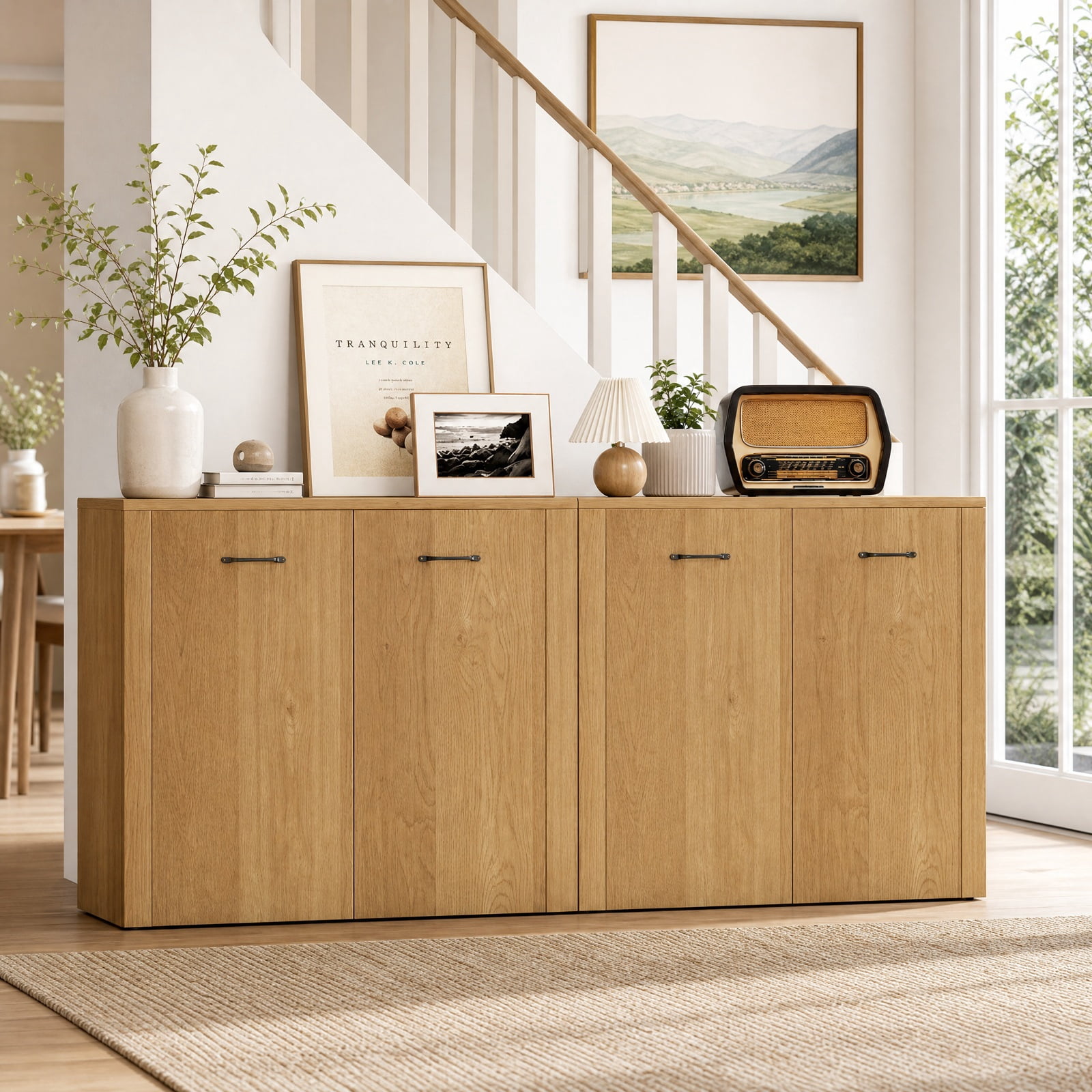 Furnibear 38 Inch Modern Sideboard Buffet Cabinet with 4 Cube Shelves and Storage Doors for Kitchen Dining Room Living Room Entryway, Natural
