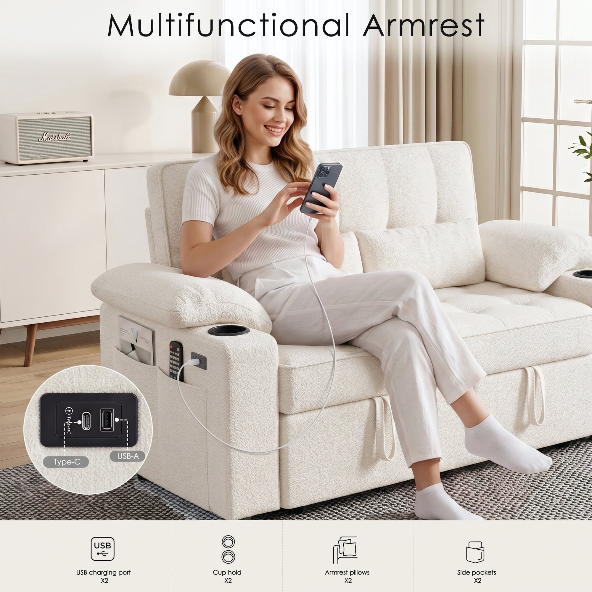 58" Sleeper Sofa Bed, Full Size Pull Out Couch, Towel Fabric Convertible Loveseat with USB Charging, Cup Holders, Adjustable Backrest & Side Pockets for Living Room, Apartment, Office (Beige)