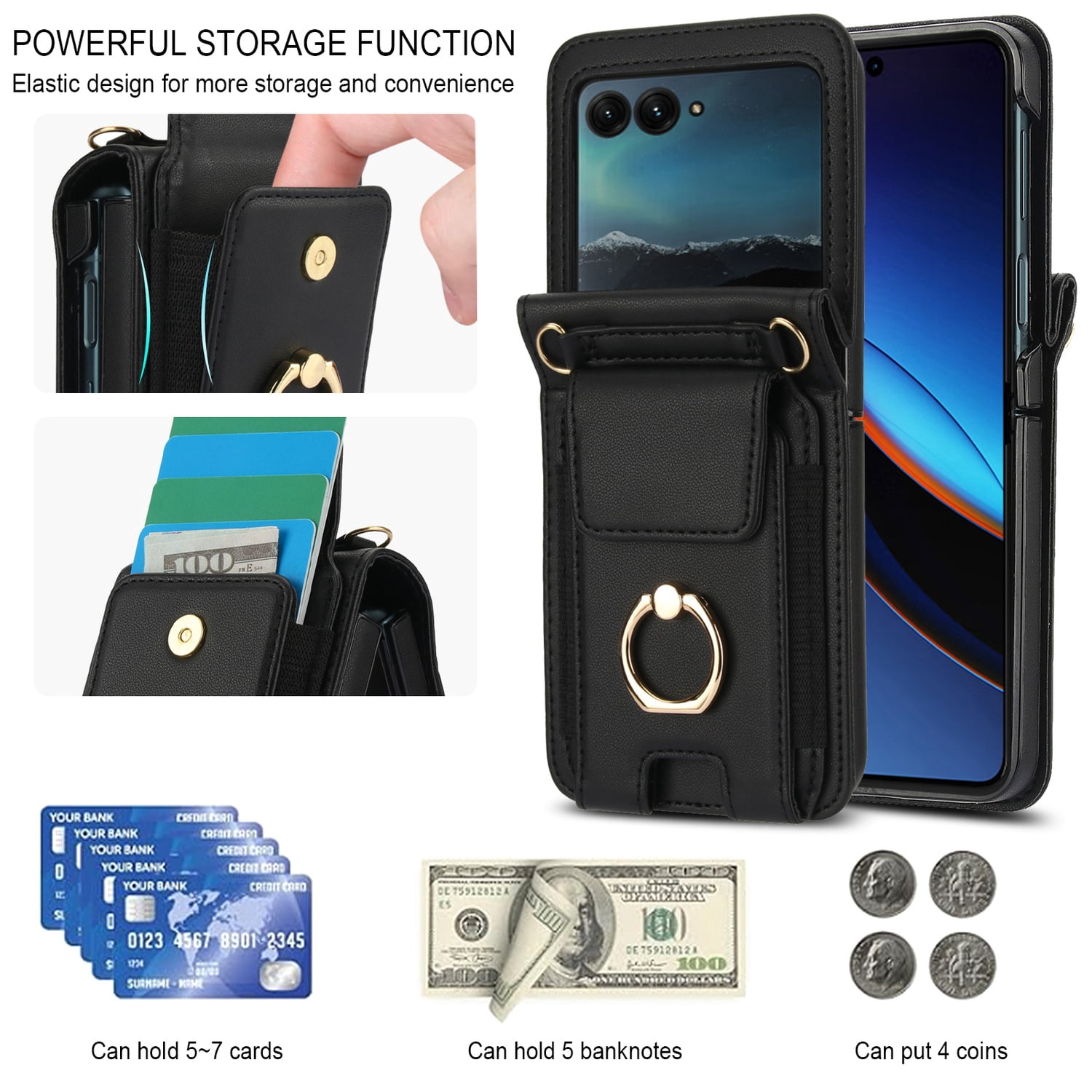 for Motorola Razr 2024 Wallet Case Crossbody, PU Leather Zipper Handbag Purse Flip Cover, Back Card Slots, Adjustable Shoulder Strap, Finger Ring Stand for Motorola Razr 2024, Black