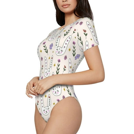 Uemuo Purple Flower Rabbit Pattern Women s One Piece Short Sleeve Swimsuit Rash Guard Surfing Modest Quick-drying Swimsuit Beach Essentials-XX-Large