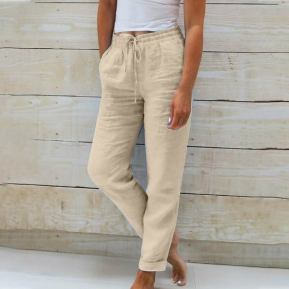 Hvyesh Women Tapered Pants Cotton Linen Drawstring Elastic Waist Pants Casual Trousers with Pockets