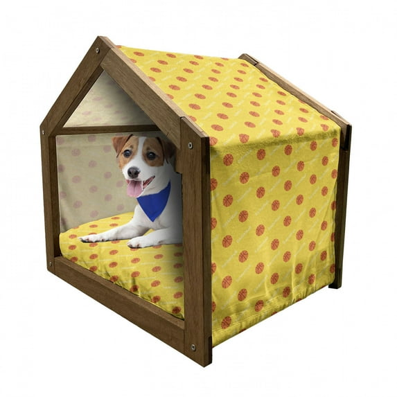 Basketball Pet House, Athletics League Theme Balls on Yellow Backdrop Goal Fun Game Match, Outdoor & Indoor Portable Dog Kennel with Pillow and Cover, 5 Sizes, Yellow Orange White, by Ambesonne