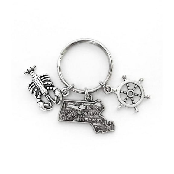 Massachusetts themed keychain. Includes State of Massachusetts, a Lobster, and Ship Wheel Charms. Boston Lover Gift.