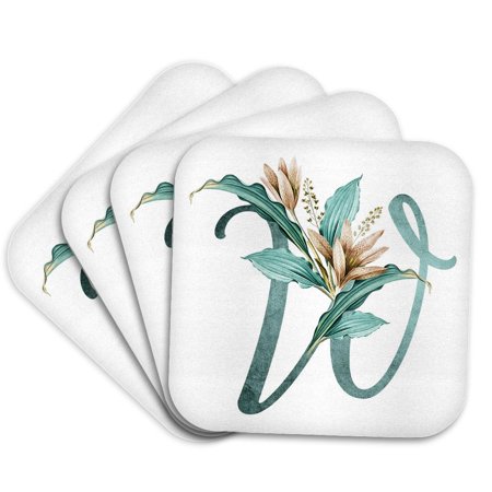 3drose, Green Boho Lily Monogram Initial W, Set of 4 Coasters - Cork