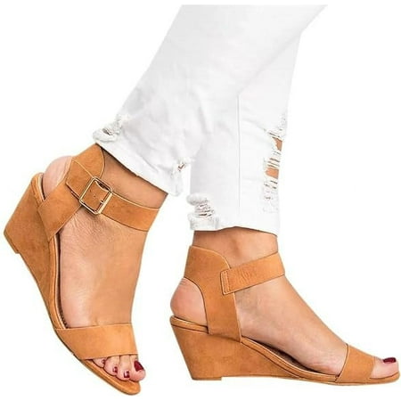 

SHYMA Women Low Heel Wedge Chunky Heel Sandal Open Toe Wedding Pumps with Buckle Ankle Strap Evening Party Shoes