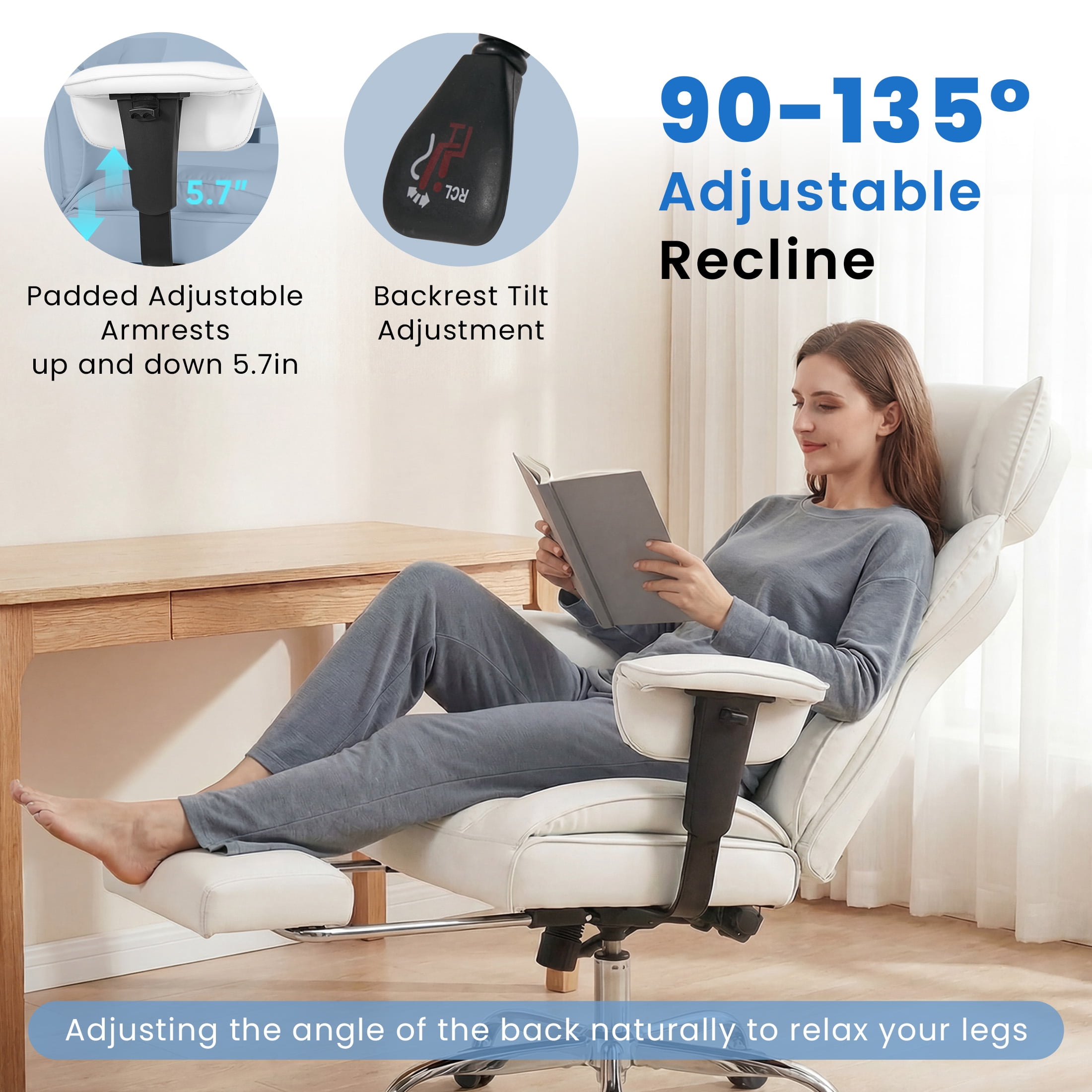 EDX Big and Tall Home Office Chair with Adjustable Armrests and Footrest,PU Leather Excutive Computer Chair with Wide Seat,Desk Chair with Ergonomic Lumbar Support,Beige