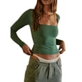 thumbnail image 2 of Fortune Femmes Col Carré Manches Longues T-Shirts Basiques Slim Fit Solide Crop Top, 2 of 6