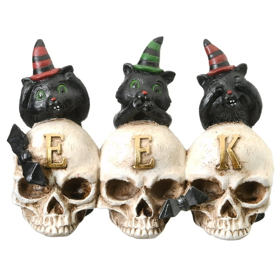 5 in. Halloween Figurine, White, Skulls, EEK, Black Cats