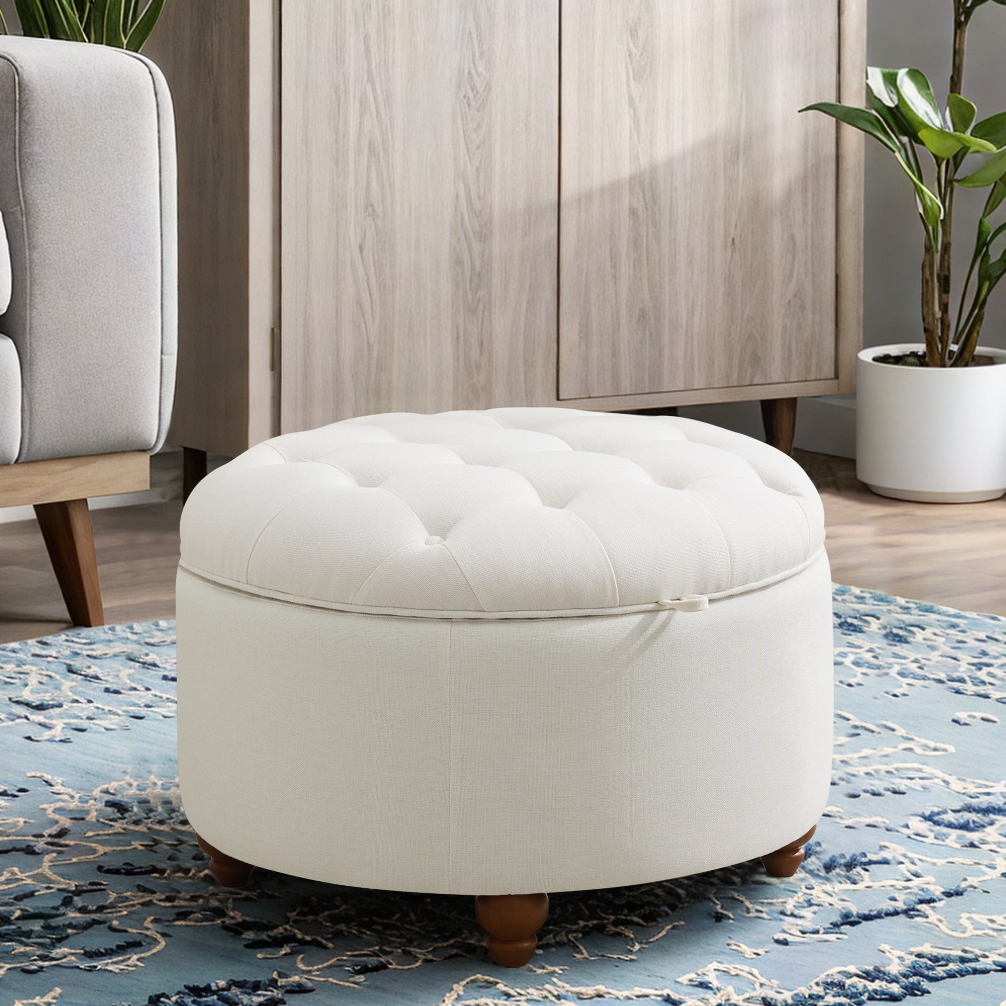 24'' Round Ottoman with Storage, Modern Tufted Fabirc Storage Ottoman with Removable Top for Living Room, Bedroom, Beige