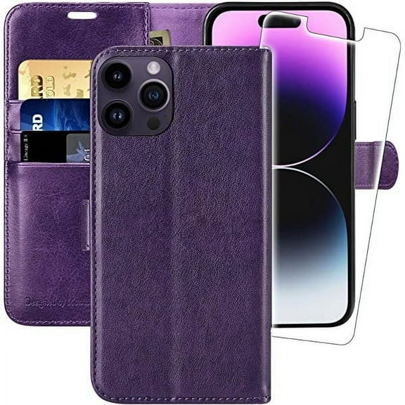 MONASAY iPhone 14 Pro 5G Case,iPhone 14 Pro Pro Wallet Case, [Glass Screen Protector] Flip Folio Leather Cell Phone Cover with Credit Card Holder for Apple iPhone 14 Pro