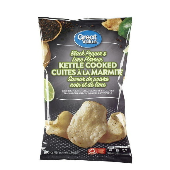 Great Value Black Pepper and Lime Kettle Cooked Potato Chips, 180 g