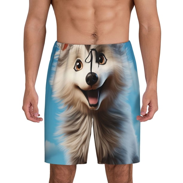 Balery Blue Sky Cute Wolf Pantalones cortos de pijama de punto de algodón para hombre con cinturilla y bolsillos-Large