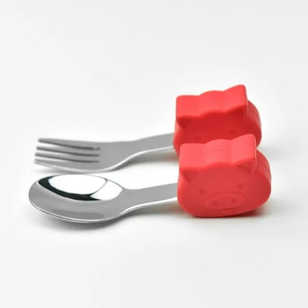 

HAZHOUYUJIUKJ Cute Hippo Baby Animal Silicone Food Supplement Fork Spoon Baby Learn To Eat Training Short Handle Stainless Steel Tableware Children‘s Fork Spoon Kit