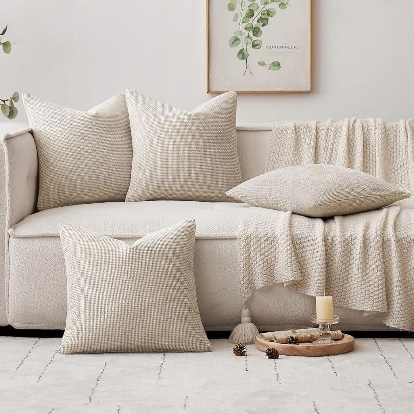Set of 4 Cream Decorative Throw Pillow Covers Soft Chenille Woven Textured Luxury Accent Cushion Cases for Living Room Couch Bed Sofa Farmhouse Boho Home, 18*18 inch