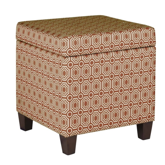 Geometric Patterned Square Wooden Ottoman with Lift Off Lid Storage, Orange and Cream