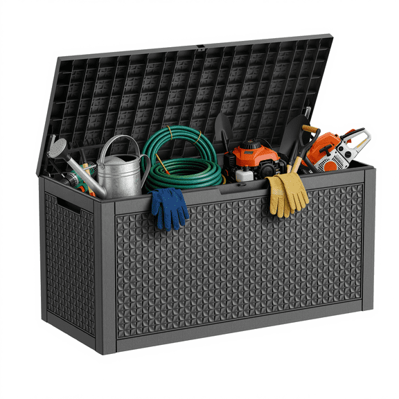 100 Gallon Outdoor Storage Box, Waterproof Resin Deck Box with Lockable Lid, Patio Storage Bench for Cushions, Pool Toys & Garden Tools, All-Weather Deck Storage Box for Backyard