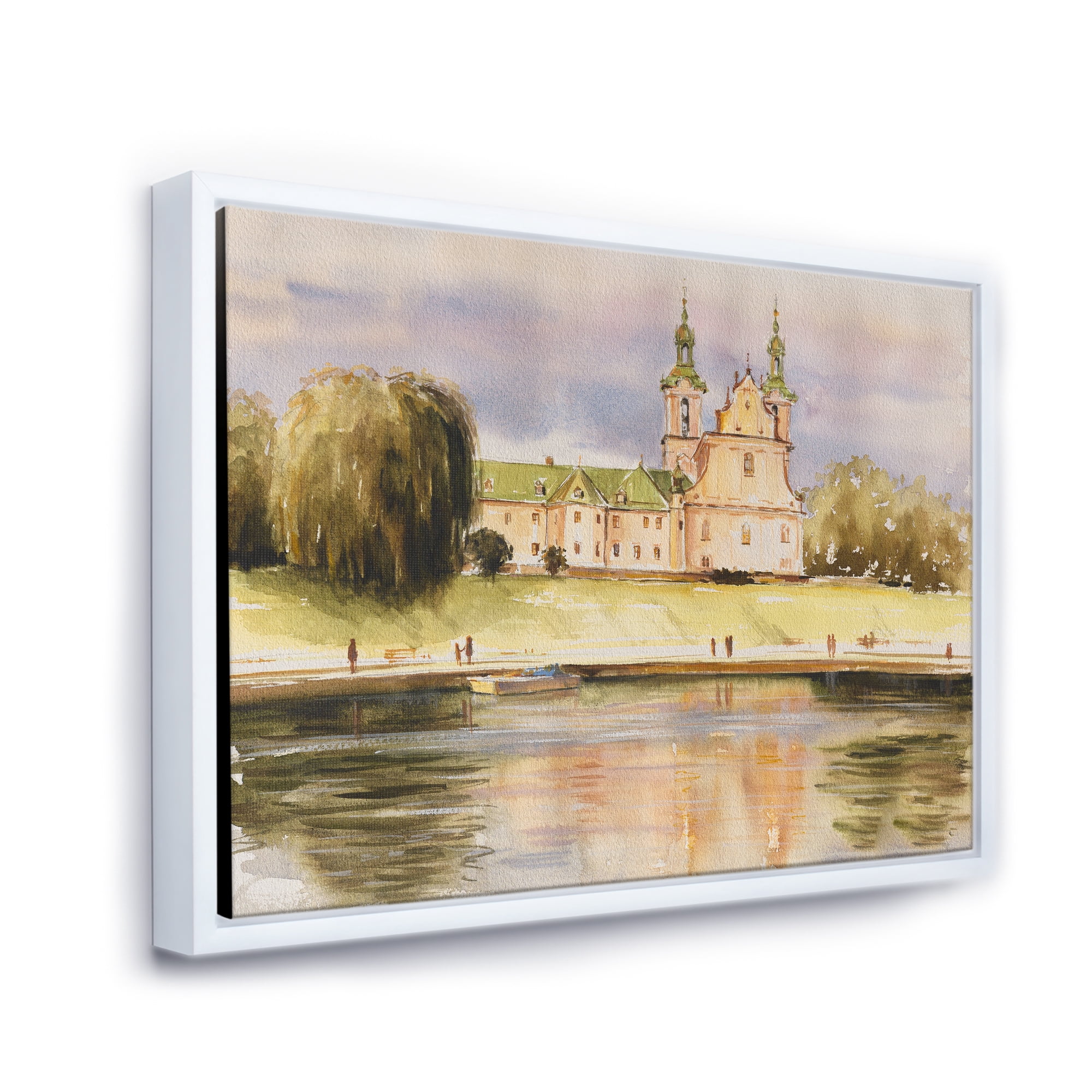 Designart 'Historical Church On The Rock On Banks of The River' Lake House Framed Canvas Wall Art Print