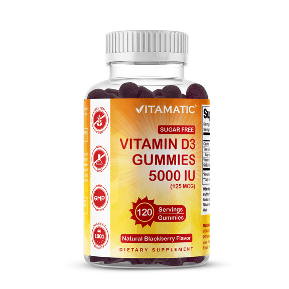 Vitamatic Sugar Free Vitamin D3 5000 IU - 120 Pectin Based Gummies - Great Taste - Healthy Bones, Mood & Immune System Function - Non-GMO - 120 Servings
