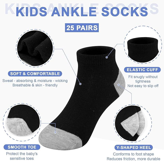 25 Pairs Toddler Kids Socks, Ankle Athletic Low Cut Short Socks for Boys Girls 1-14 Years