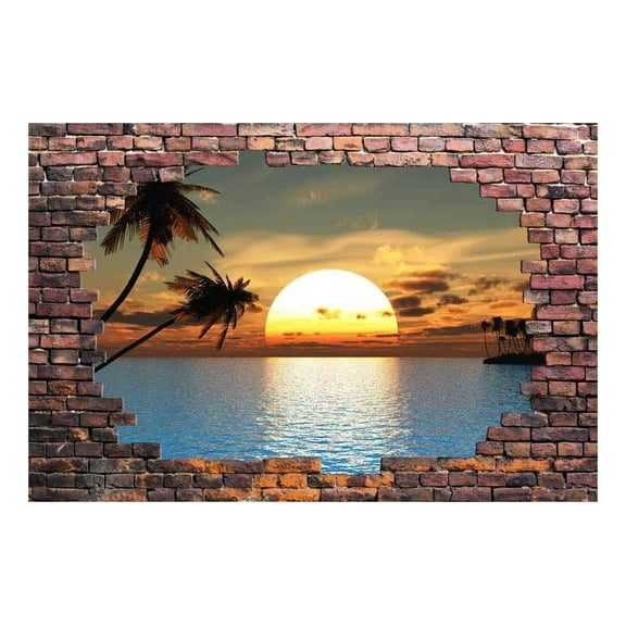 Wall26 - Large Wall Mural - Sunset at Tropical Sea Viewed Through a Broken Brick Wall | 3D Visual Effect Self-Adhesive Vinyl Wallpaper/Removable Modern Decorating Wall Art - 66" x 96"