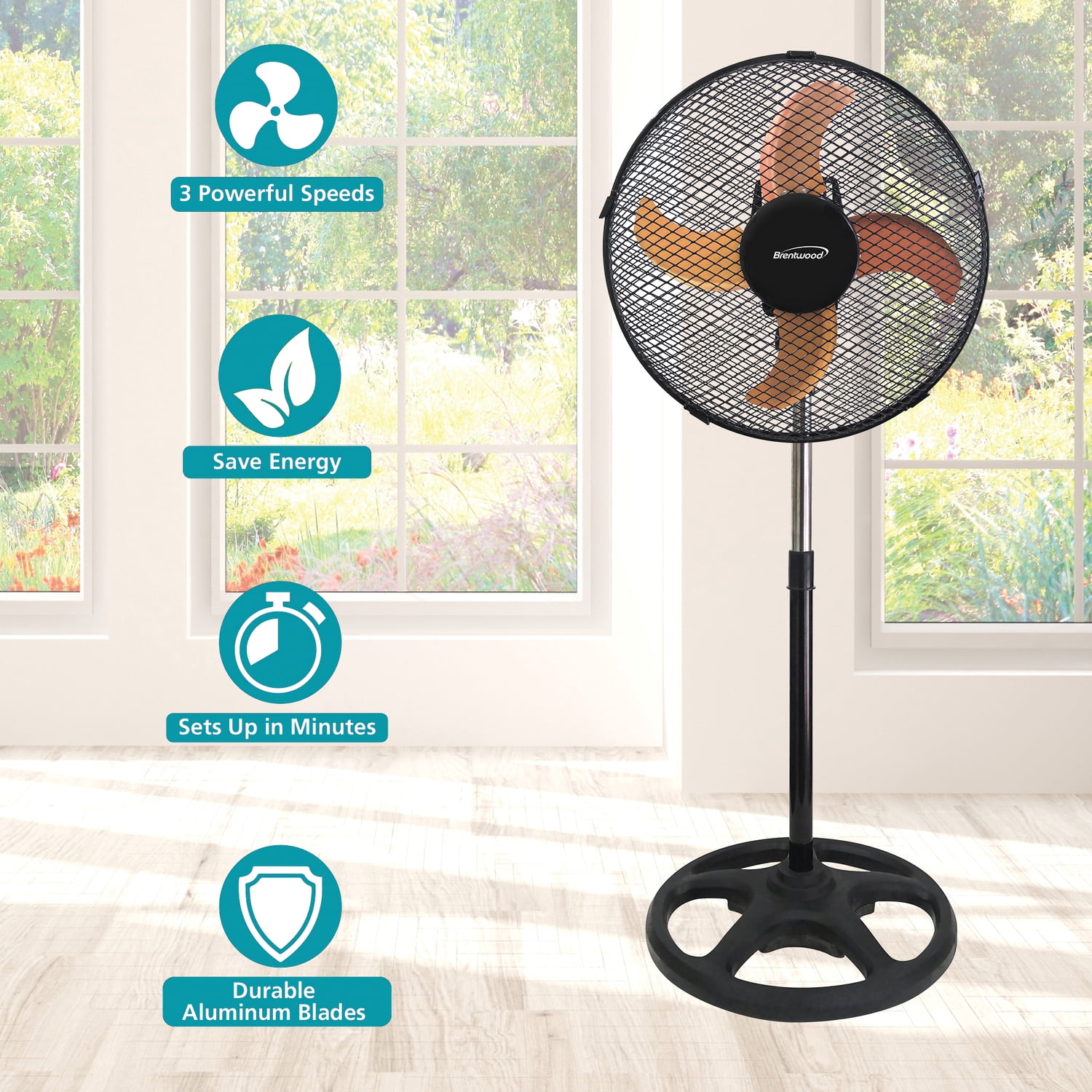 Brentwood 3 Speed Whisper Quiet Oscillating 12 Inch Pedestal Fan, Black