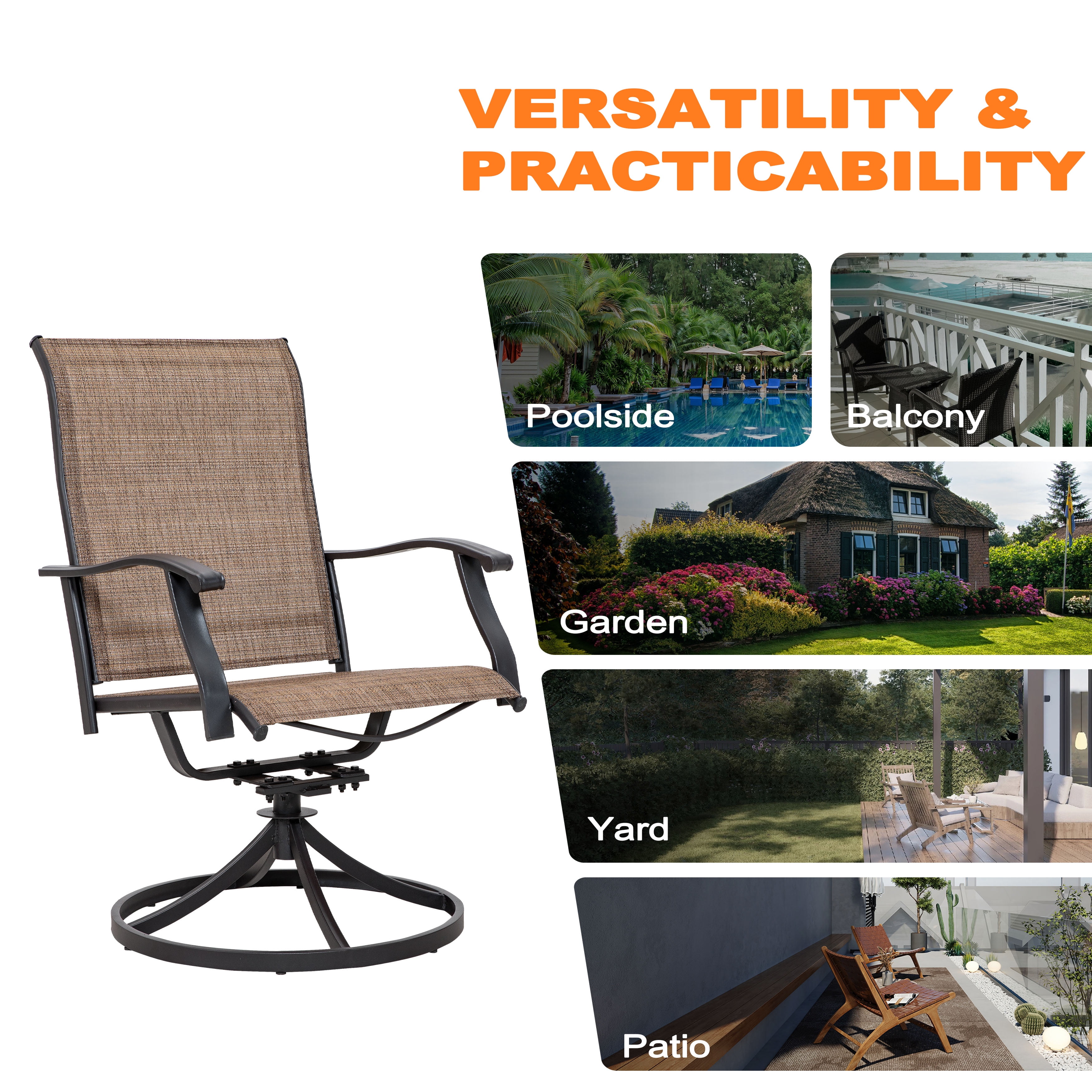 Nuu Garden Patio Swivel Chairs Set of 2, High-Back Outdoor Dining Chairs, All-Weather Textilene Outdoor Yard Chairs, Brown