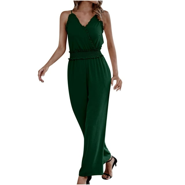 Stretchy Jumpsuits for Women Ruffle V Neck Spaghetti Straps One Piece Long Pants Outfits Sleeveless Summer Rompers