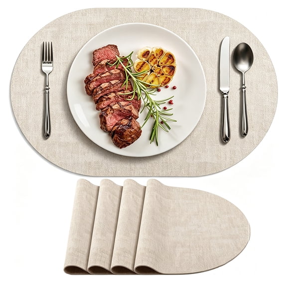 4 Packs Placemats, Heat Resistant Oval Faux Leather Place Mats 11.8 x 17 Inch, Waterproof Wipeable Reversible PU Placemat for Kitchen Dining Table, Indoor & Outdoor