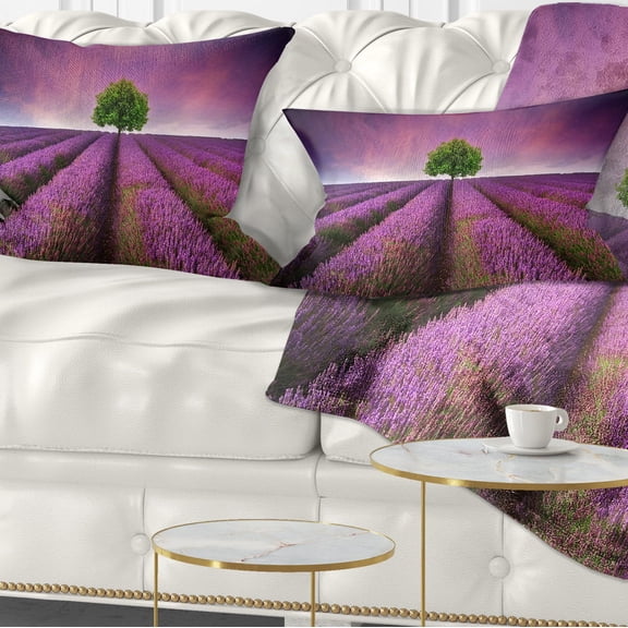 Designart Lavender Field Sunset with Single Tree - Floral Throw Pillow - 12x20