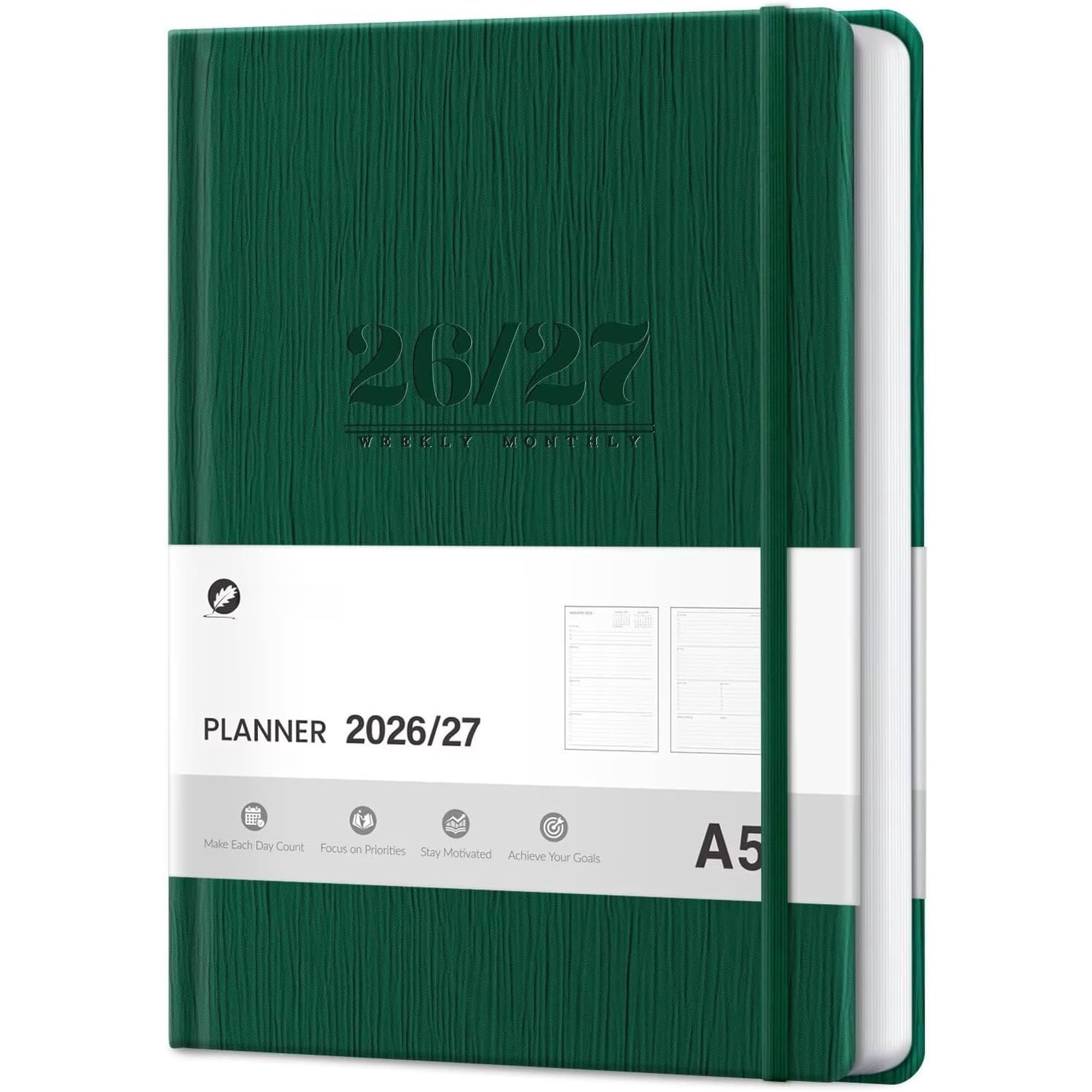 Academic Planner 2026-2027 A5 Daily Weekly and Monthly Planner 5.75 x 8.4 13 Months Faux Leather School Year Agenda from Jul.2026 to Jul.2027 for Student and Teacher (Green)