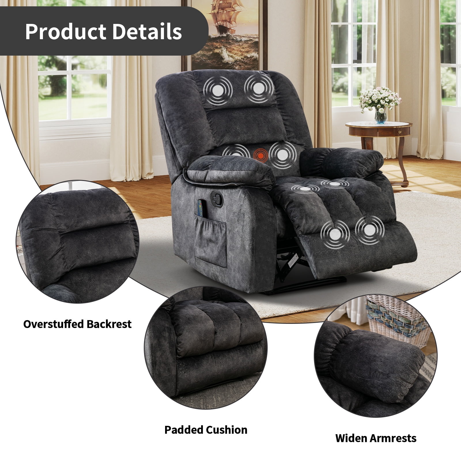 Bonzy Home Recliner Chair with Massage and Heat Overstuffed Fabric Metal frame Manual Reclining Chair Sofa for Living Room