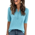 thumbnail image 2 of Women Summer Knit Shirt Blouse V Neck Short Sleeve Pullover Sweater Tops Light Blue XL, 2 of 5