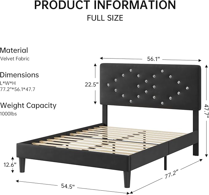 Full Size Bed Frame with Headboard, Upholstered Platform Bed Frames Full Size with Crystal Diamond Tufted for Teen Easy Assembly, Wooden Slats Support, No Box Spring Needed, Black