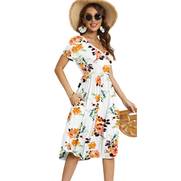 MLANM Women's Summer Short Sleeve Casual Wrap V-Neck Floral Party Dress ...