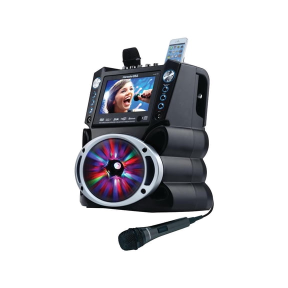 Karaoke USA GF842 Complete Bluetooth Karaoke System with LED Sync Lights- 35 Watt Power Output includes 2 Microphones, Remote Control, 7” Color Screen, Record Function. Plays DVD/CDG/MP3G / USB /SD